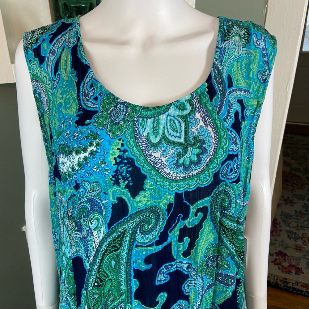 NWT New Roaman's Paisley Maxi Dress Gauze Crinkle Volup 2X Blue Green 26/28 - Picture 4 of 10